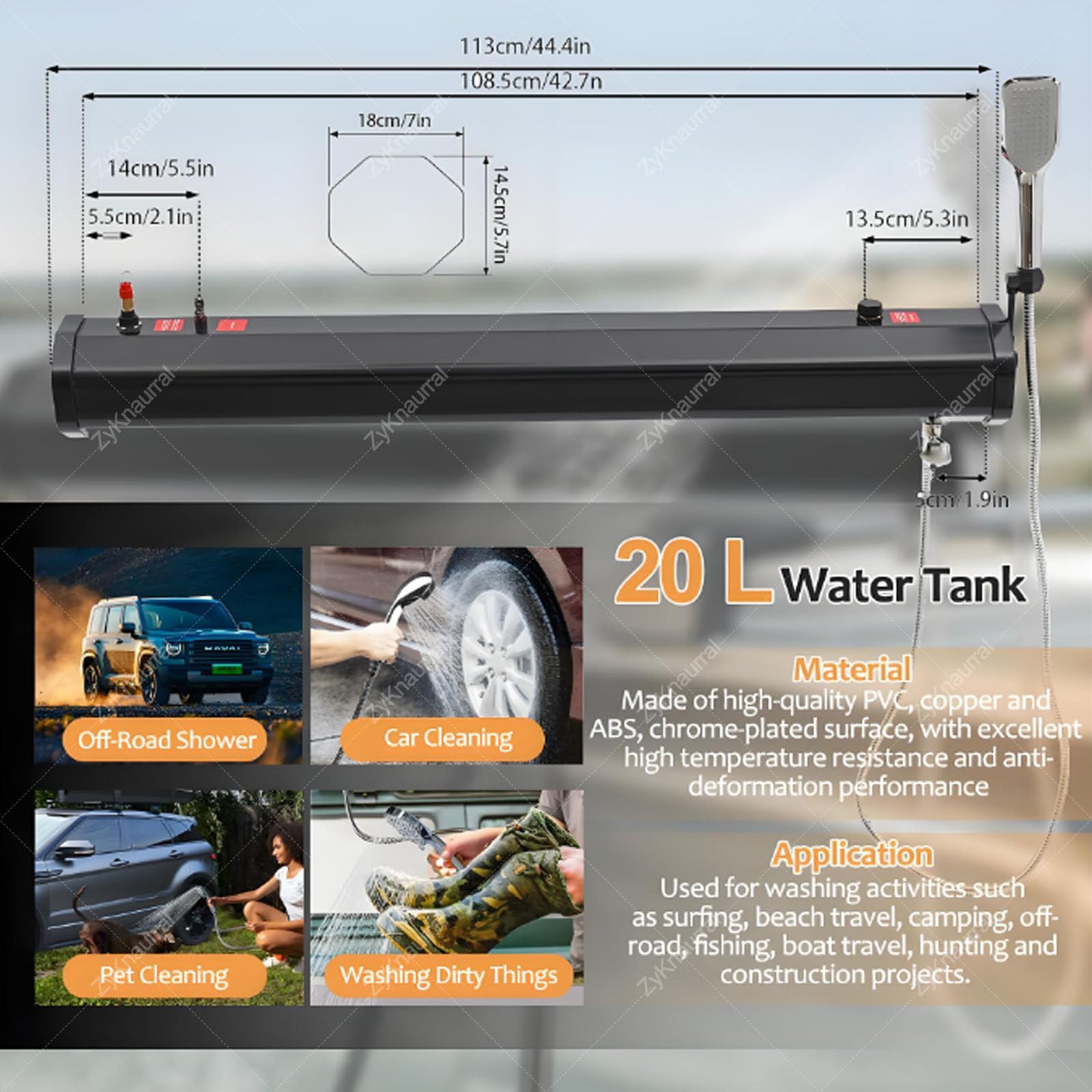 Depósito de agua autopresurizado para autocaravanas y todoterrenos - Ducha solar para portaequipajes | Universal para portaequipajes, lavaderos y duchas exteriores,20L/5.28Gal