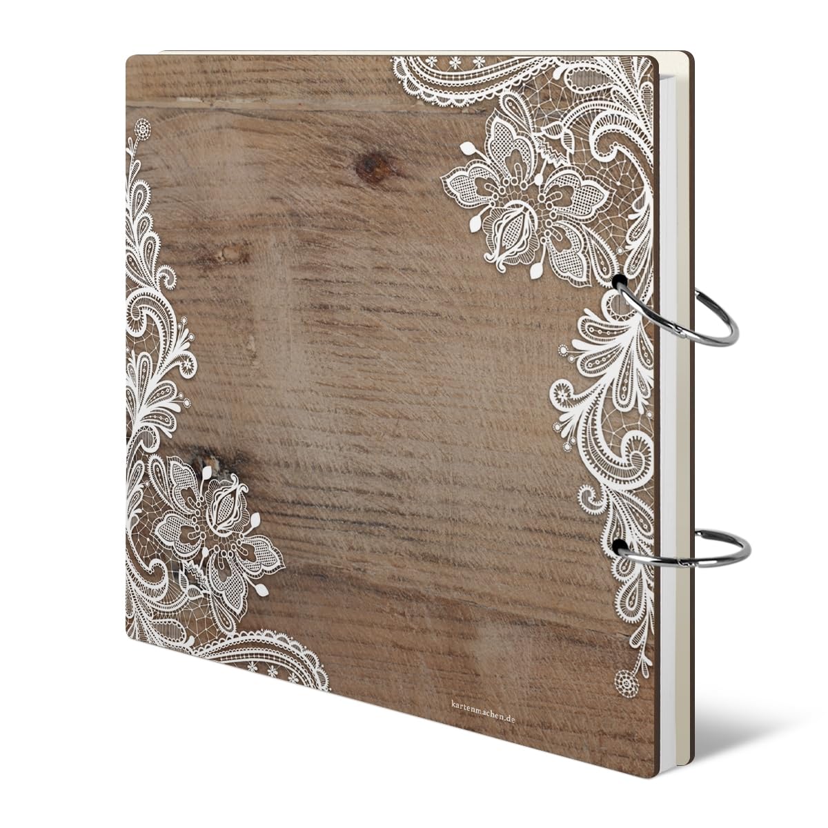 Personalisiertes Hochzeit Gästebuch - Rustikal Motiv (HDF bedruckt mit Holzmotiv und Weißer Spitze) - 215 x 215 mm 72 Blätter / 144 Naturpapier Innenseiten, Herz ausgeschnitten
