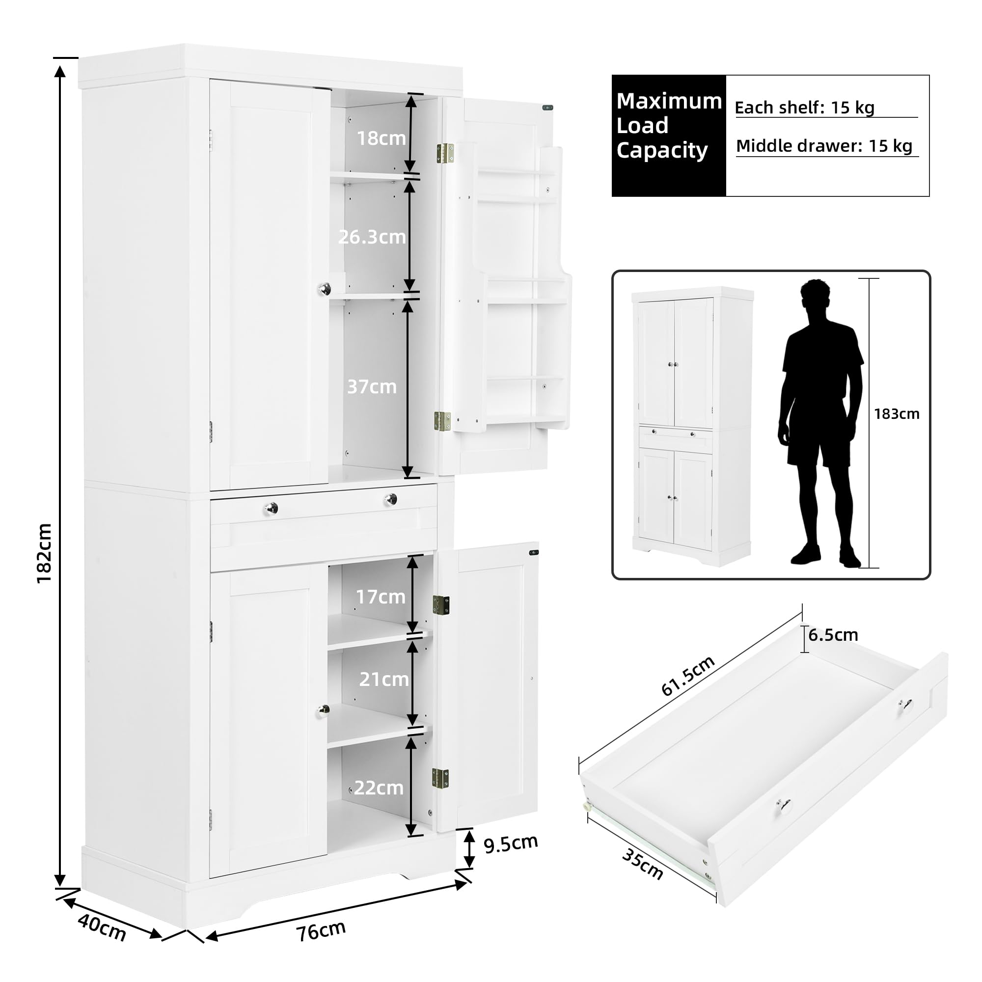 Küchenschrank, 182cm Vorratsschrank Weiß, Sideboard Wohnzimmer mit 1 Schubladen und 4 Türen, 76 x 40 x 182 cm, Spanplatte + MDF, Moderner Hochschrank Küche für Küche, Esszimmer und Wohnzimmer
