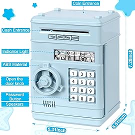 Renvdsa Cartoon Electronic ATM Password Piggy Bank Cash Coin Can Auto Scroll Paper Money Saving Box Gift for Kids (Light Blue)