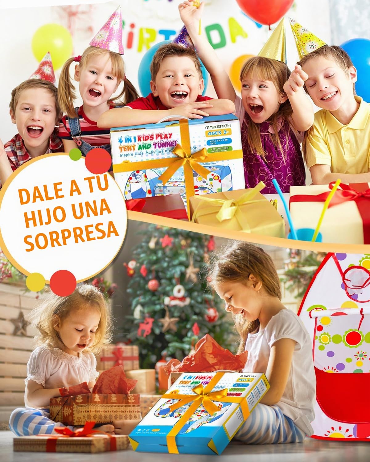MAIKEHIGH Tunel de Juego Infantil, 4 en 1 Pop Up Tienda Campaña | Plegable Piscina Bolas Bebe Parque Jardín Exterior Interior Juguetes Niños Niñas Regalos