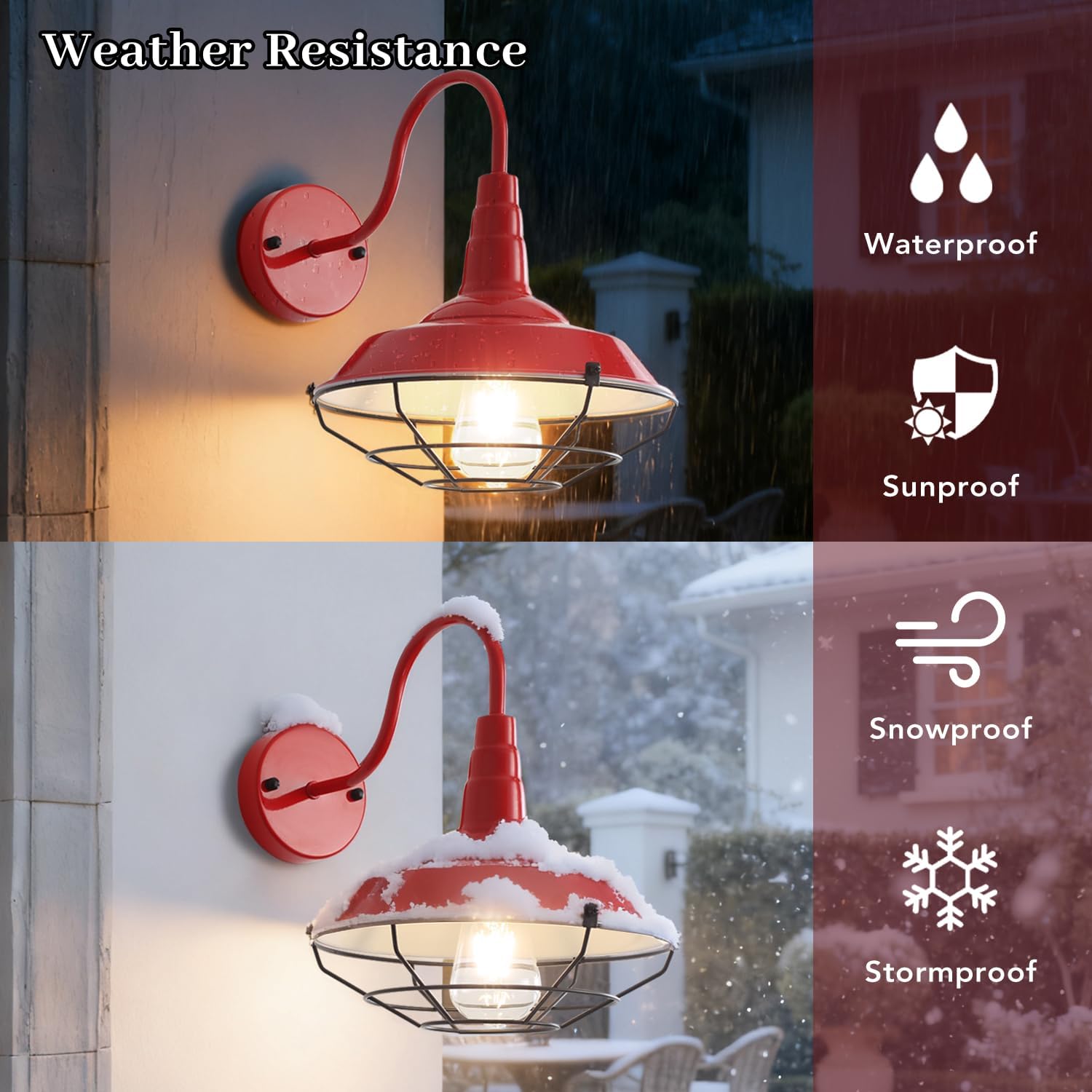 Outdoor Gooseneck Barn Light 2 Pack, Farmhouse Rustic Exterior Wall Sconce, Outside Vintage Metal Cage Light Fixture for Front Door, Industrial Red Wall Mount Lantern Waterproof for Proch Patio Garage