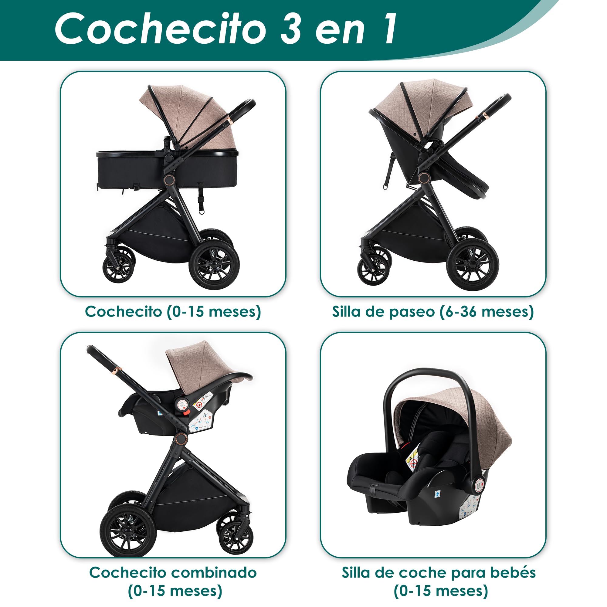 Carrito bebé 3 en 1, 0-3 años, Máx. 22 kg, Cochecito para Bebé 3 Piezas con Estructura Metálica Ligera, Compacto y Reclinable Silla de Paseo, con i-Size Silla Coche Bebe, Beige