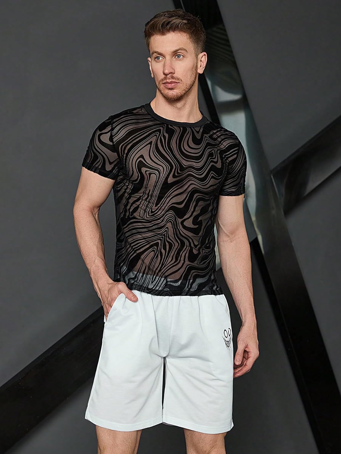 WDIRARA Men's Floral Print See Through Round Neck Short Sleeve Mesh Tshirt Party Top - Image 3