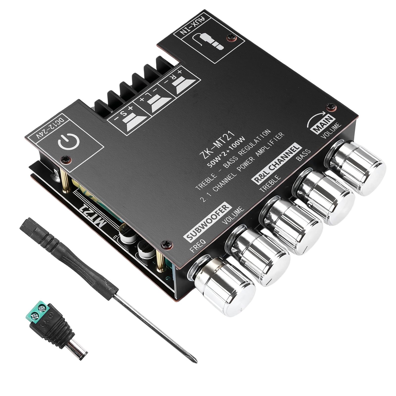 Amplificatore audio HiFi: 2 x 50 W + 100 W subwoofer 2.1 canali, amplificatore scheda con Bluetooth alti e controllo dei bassi, ingressi Bluetooth e AUX, DC 12-24 V per altoparlanti passivi