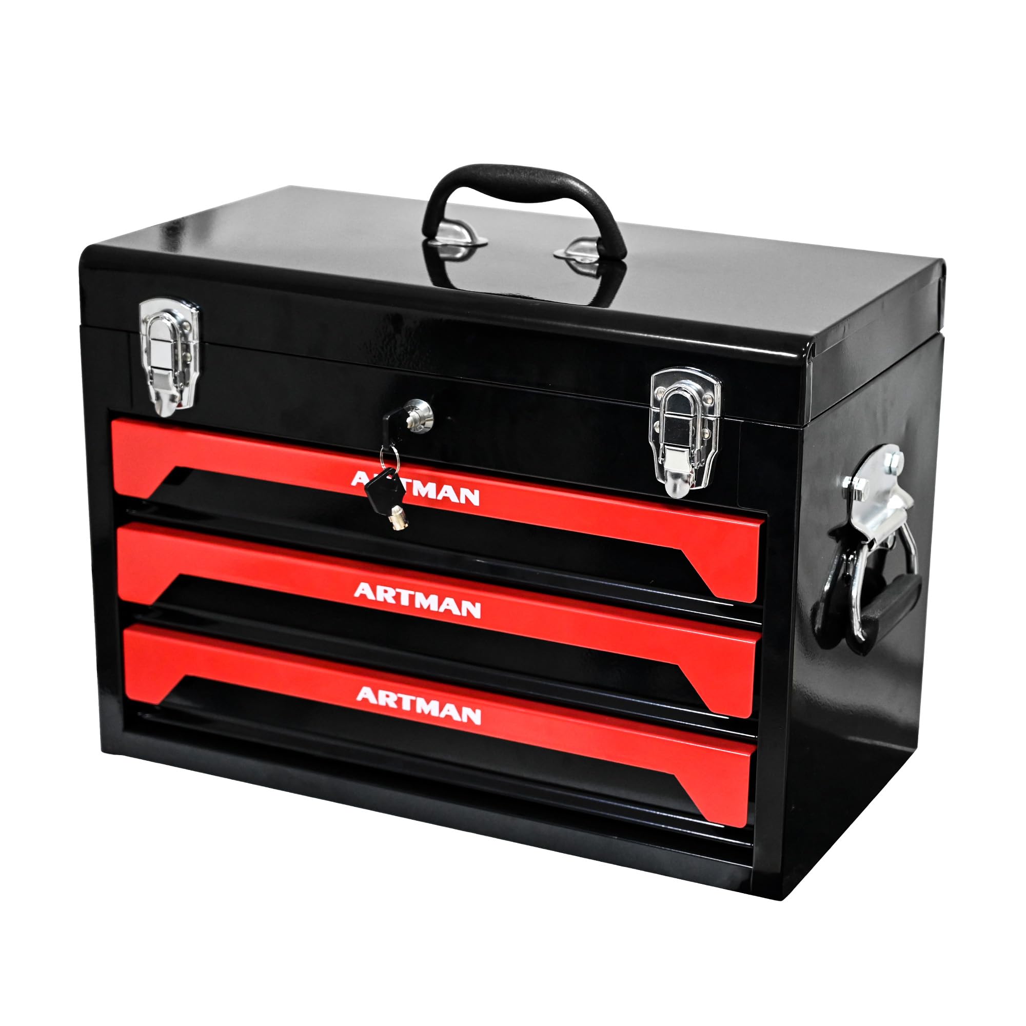 Caja de herramientas portátil de acero de 20 pulgadas con tres compartimentos, cerradura de metal, banco de trabajo móvil y almacenamiento de herramientas manuales, adecuado para bricolaje (sin