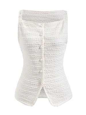 Womens Button Up Square Neck Vest Elegant Sleeveless Split Hem Work Office Tank Tops