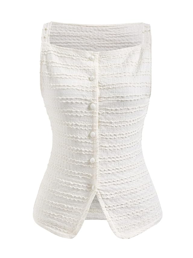 Womens Button Up Square Neck Vest Elegant Sleeveless Split Hem Work Office Tank Tops