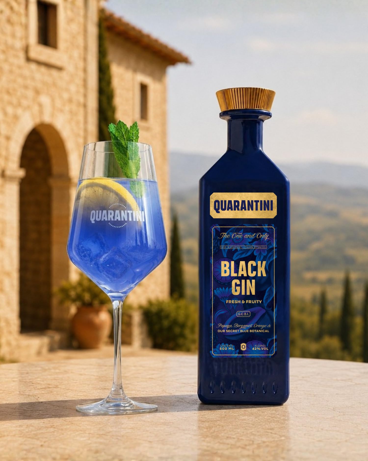 Quarantini Black Gin (500 ml) | Schwarzer Premium Gin 42% Vol. mit hochwertigen, fruchtigen Botanicals aus Papaya & Bergamotte | Ideal als Geschenk