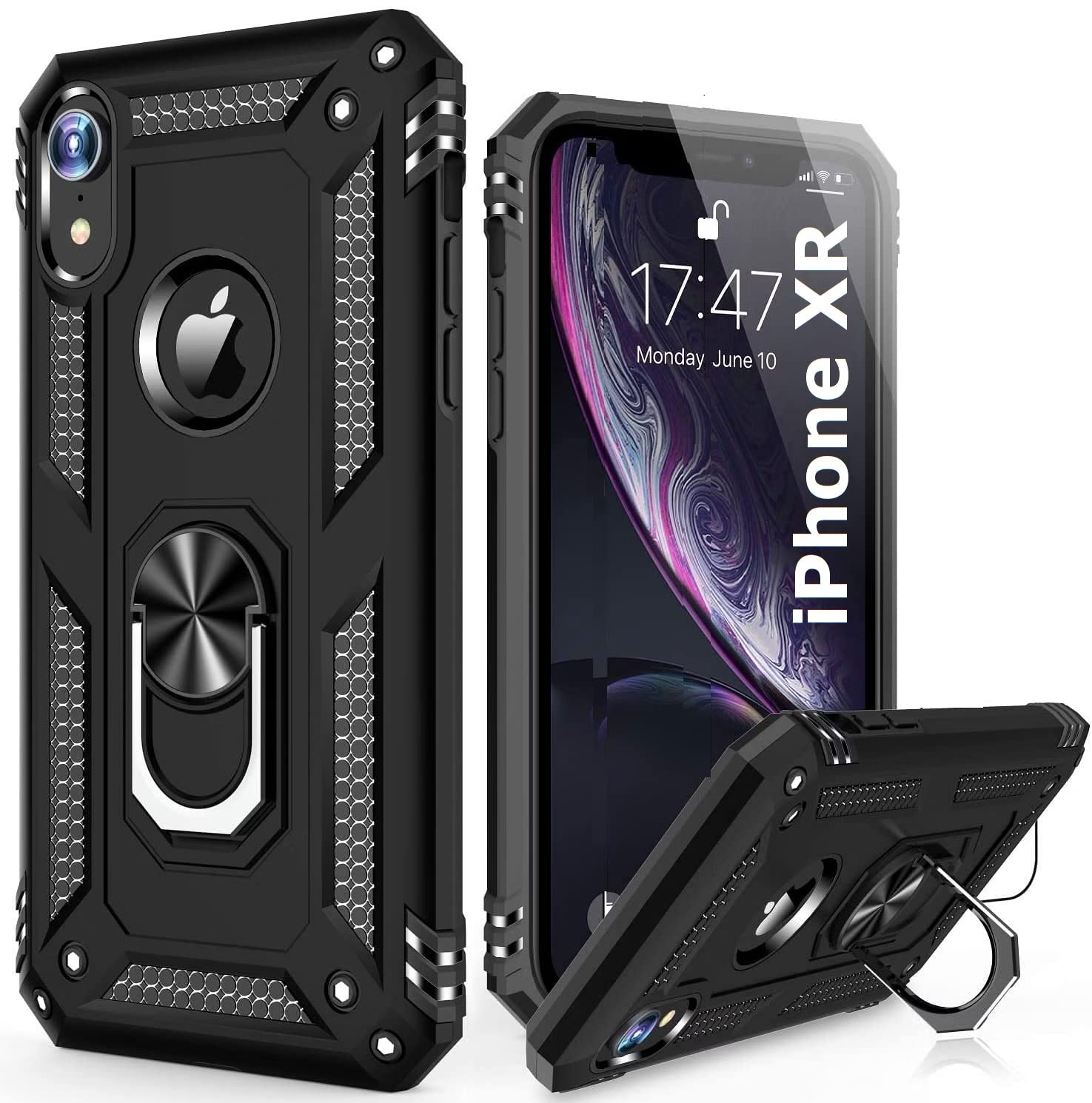REALCASE Polycarbonate, Thermoplastic Polyurethane Compatible for iPhone XR Case Back Cover | Military-Grade Armor Slim Case with Ring Magnetic Car Mount Kickstand for iPhone XR (R-Black) (B07STQ6PXM) Amazon Price History, Amazon Price Tracker