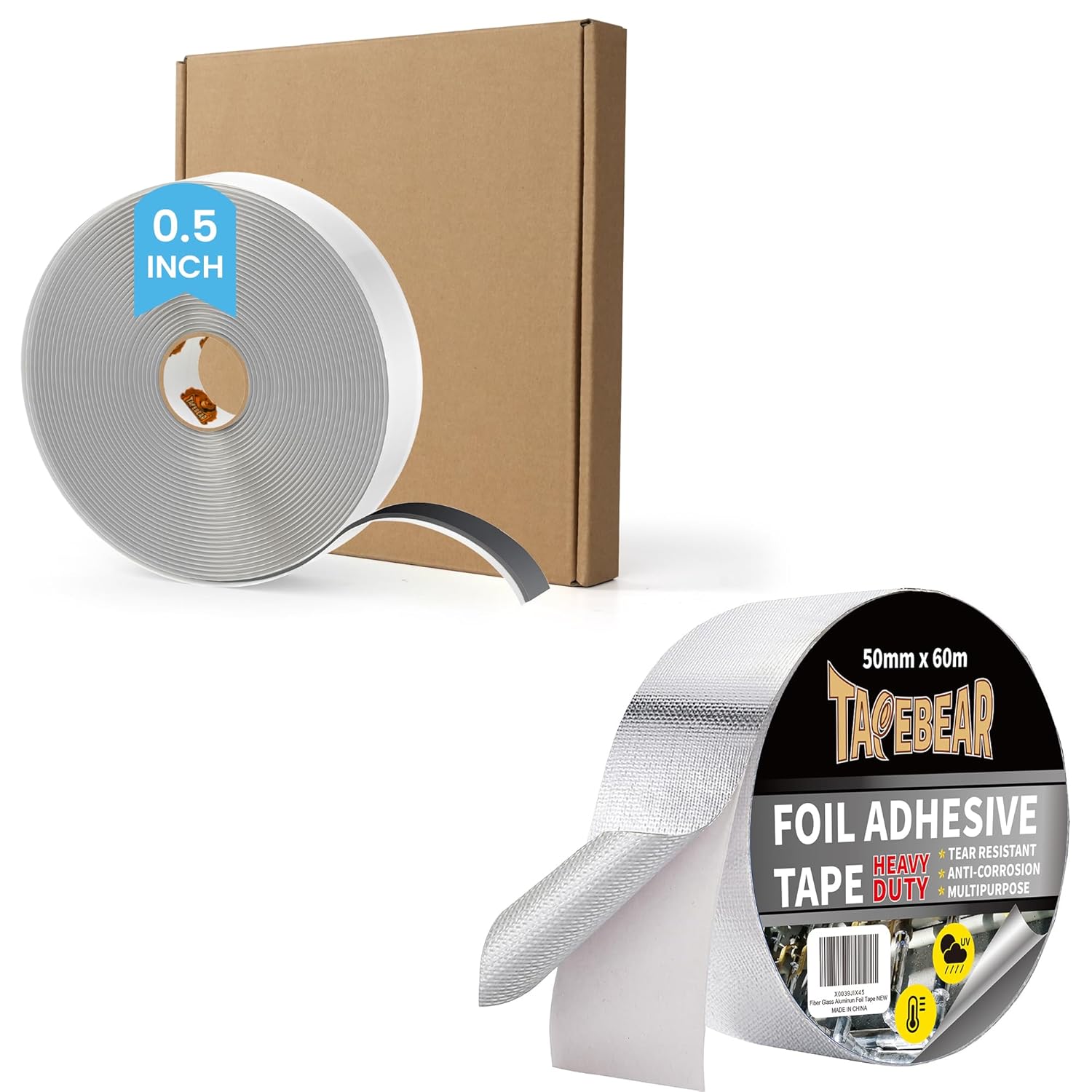 TAPEBEAR Butyl Putty Tape Black, 1/2" x 30' x 1/8" + Heat Shield Thermal Barrier Foil Tape 5.5mil x 2inch x 197feet