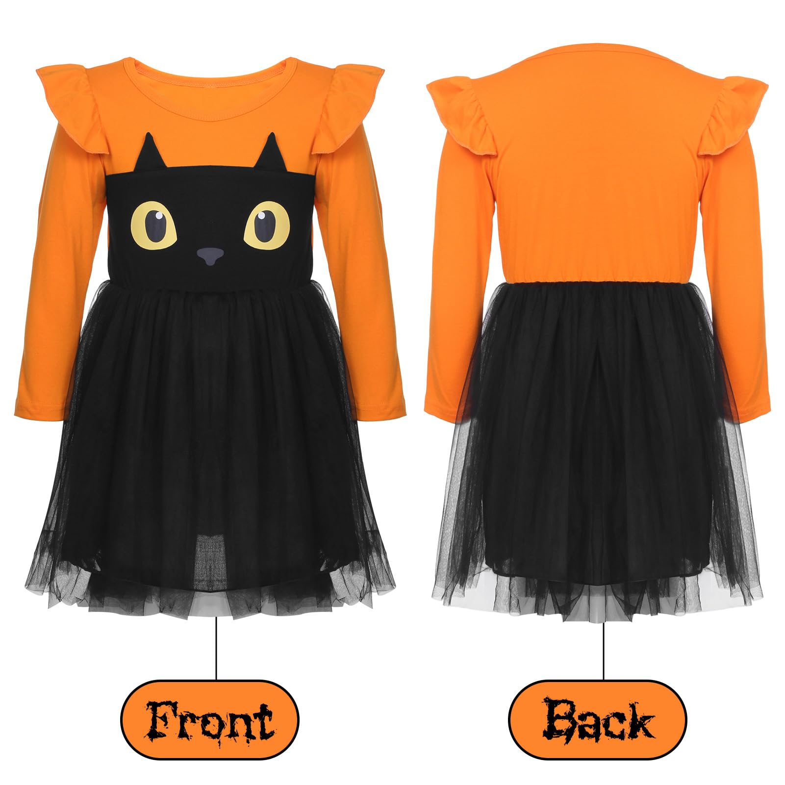 HarnyLoom Pumpkin Dress Costume Kids, Halloween Pumpkin Outfit with Headband, Magic Wand & Trick or Treat Bags - Image 3
