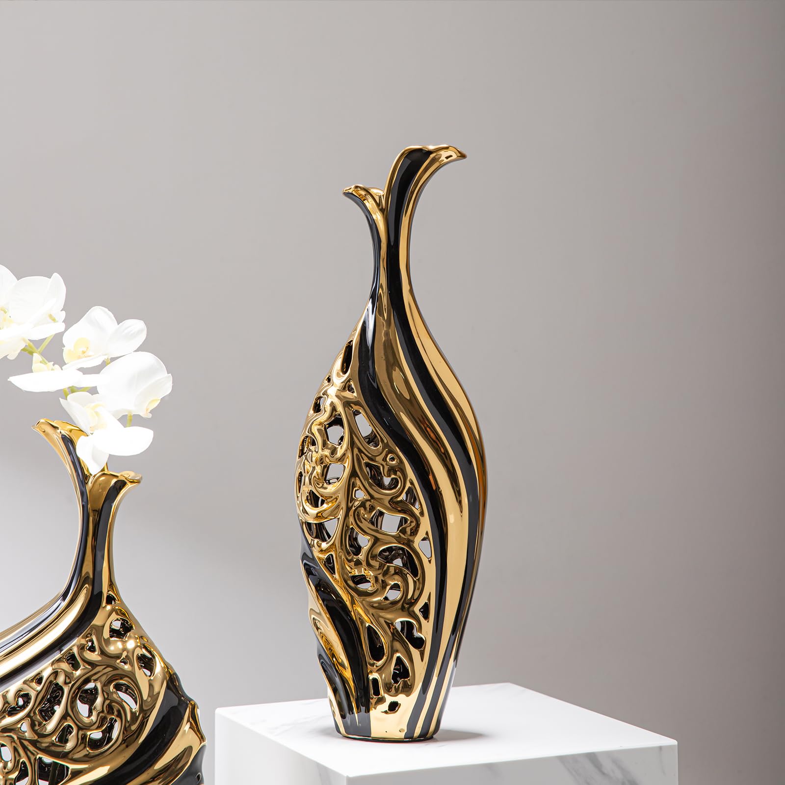 LCCCK Vaso moderno in ceramica, alto 49,8 cm, nero oro, ideale per erba della pampa e composizioni floreali, vaso decorativo da pavimento per soggiorno, sala da pranzo, ingresso
