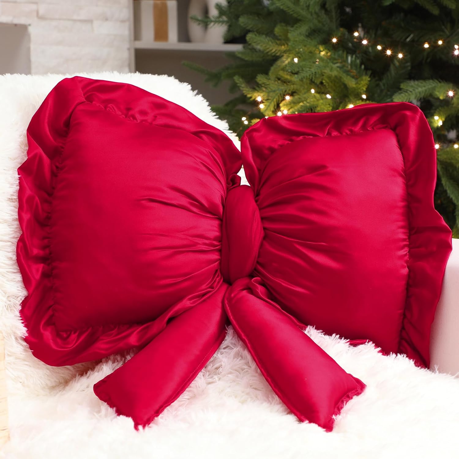 Christmas Large Red Bow Decorative Pillow Stuffed 18 Inch x 16 Inch Xmas Throw Lumbar Pillow Bow Decorations for Cushion Bed Sofa Couch Holiday Outdoor Car Home Decorations