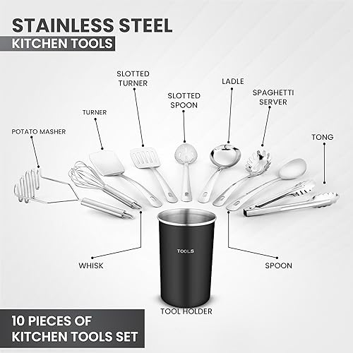 Miniatura 3 de Avador Juego de 10 herramientas de cocina de acero inoxidable (soporte negro) con soporte fácil de limpiar, ahorro de espacio, ideal para cocinar,