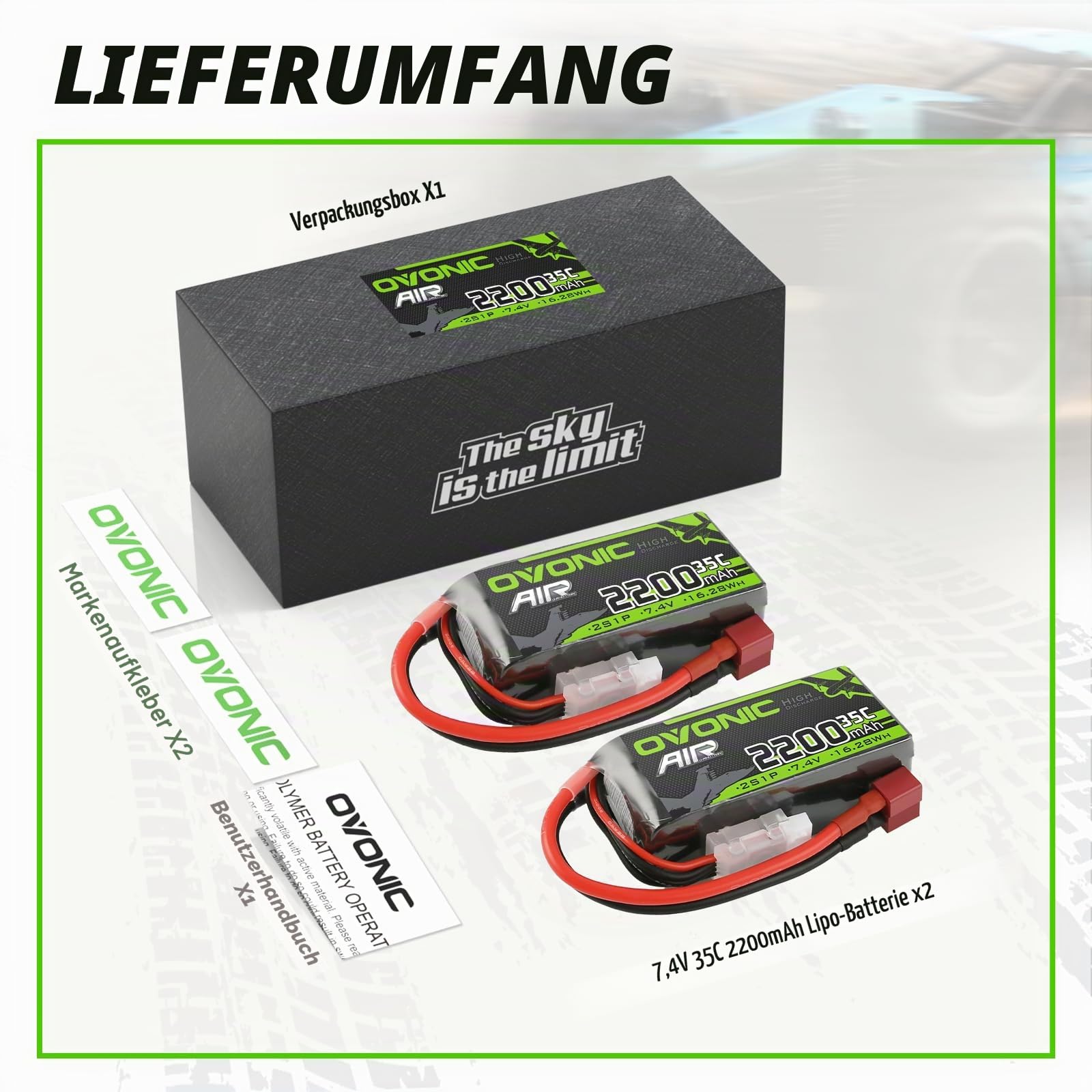 OVONIC Lipo Akku 2s 35C 2200mAh 7,4V Akku Short Pack mit Deans Stecker für Flugzeughelikopter Speziell für 1:14 RC Car RC Flugzeug (2 Packs)