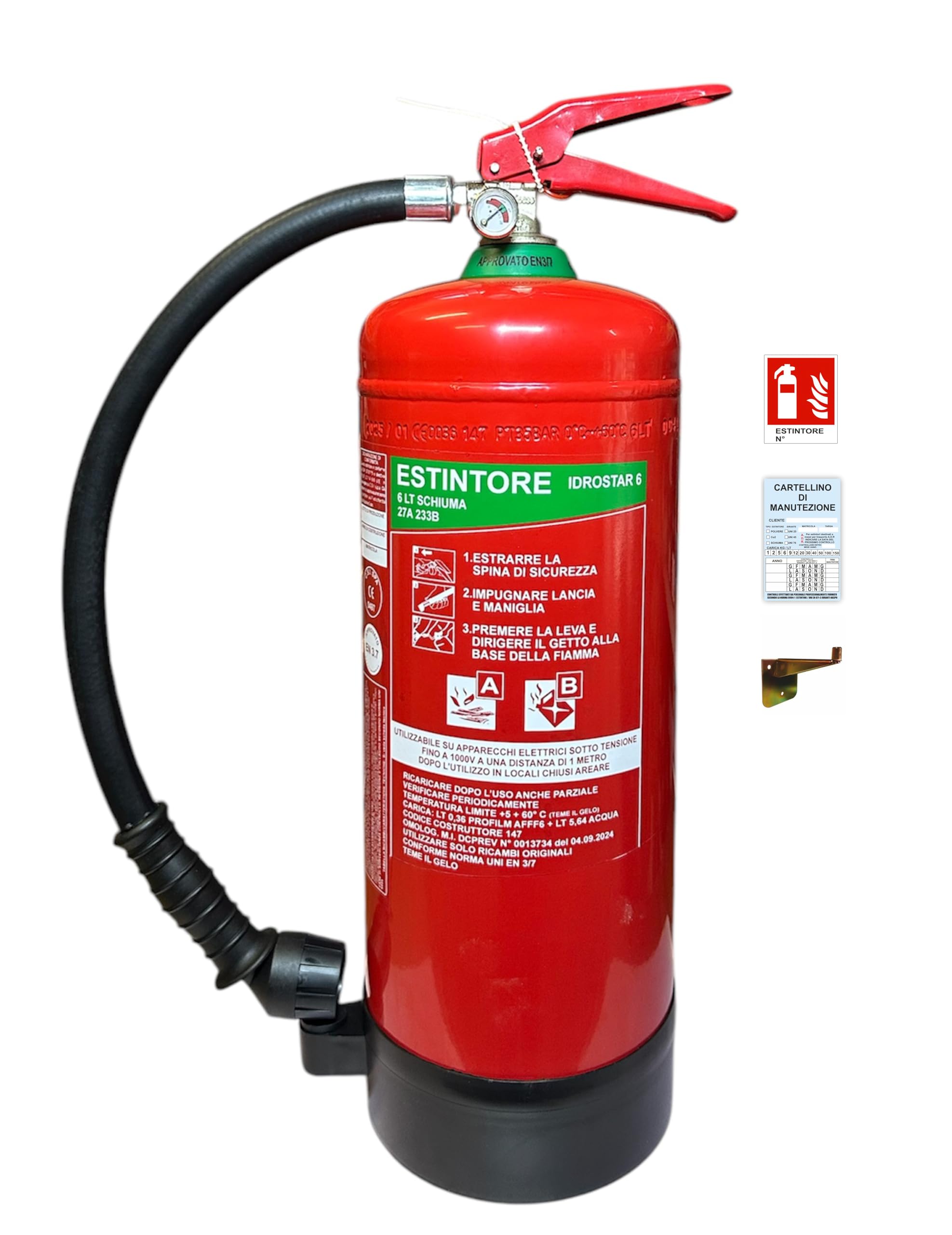 Estintore A Schiuma LT 6 2026 Omologato E Certificato Con Staffa E Cartello Pvc Adesivo Per Uffici Negozi Hotel Case Vacanze B&B UNI EN 3-7 Con Cartellino Di Manutenzione Semestrale