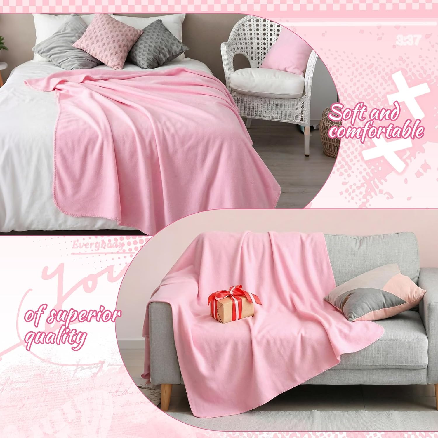 6 Pack Light Pink Fleece Sleepover Blankets Bulk, 59" x 48" Soft Lightweight Throw Blankets for Couch, Spa, Slumber Party, Movie & Bachelorette Party