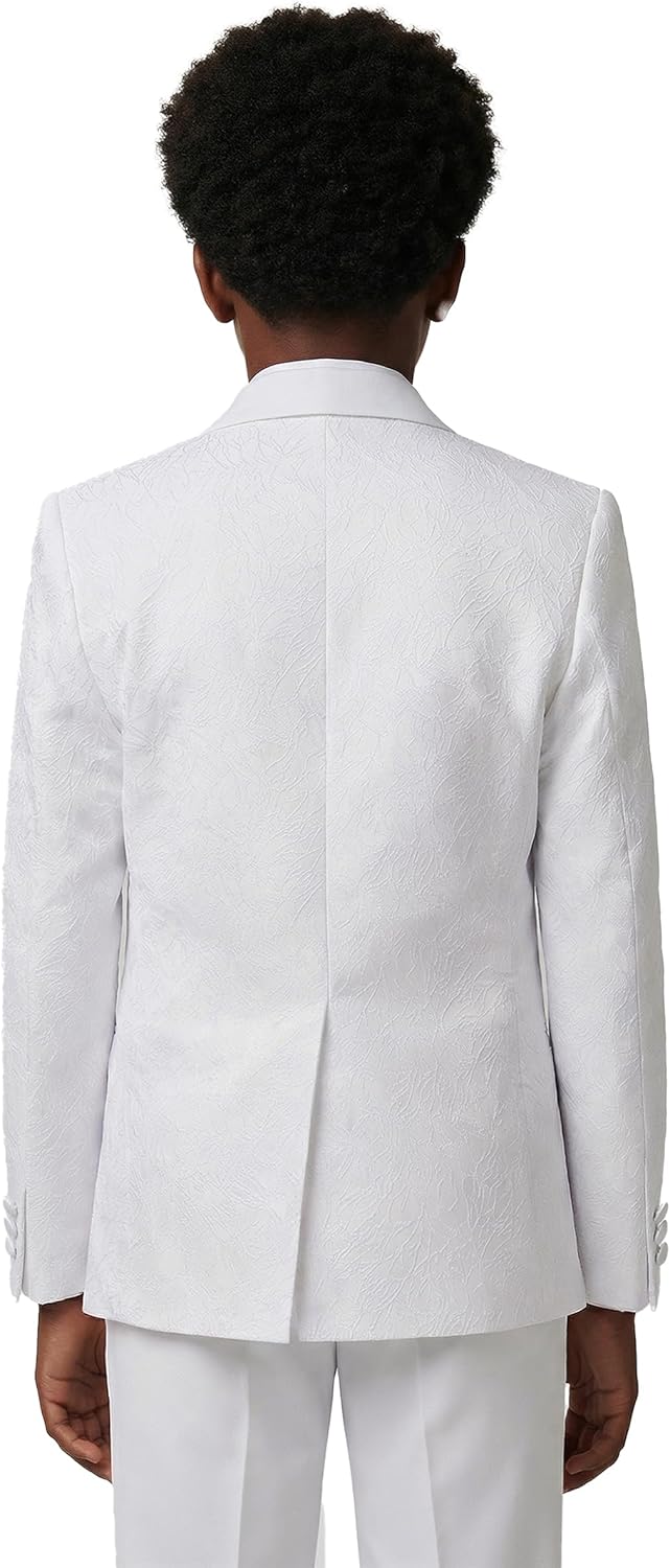SIRRI Boy’s Patterned Communion Tuxedo White Suit Slim Fit 5 Piece Complete Occasion Outfit Set Harput