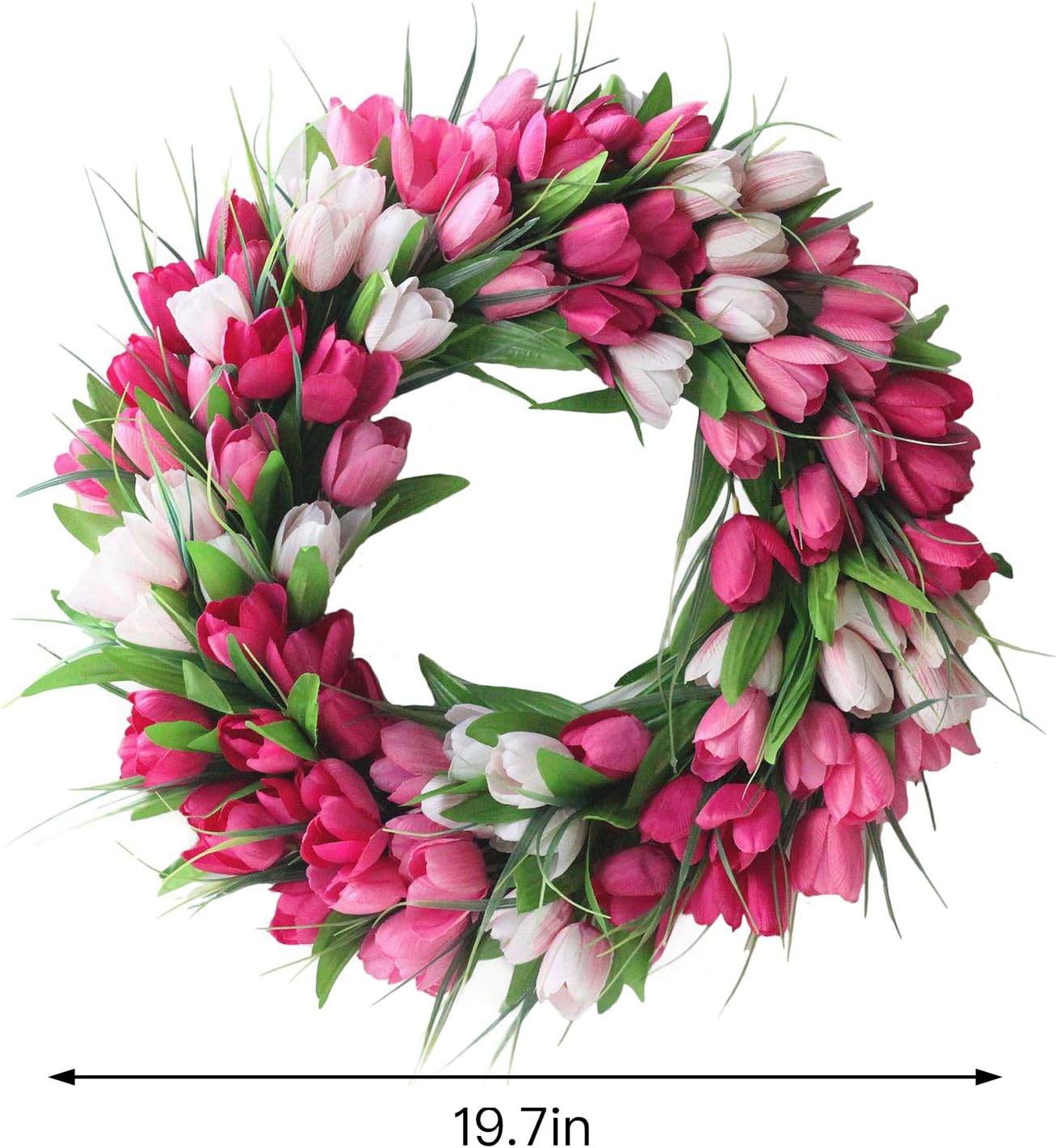 20 Inch Artificial Tulip Wreaths Door Wreath, Spring Decorative Wreath with Silk Flower & Green Leaves for Front Door Wall Window Porch Decorations