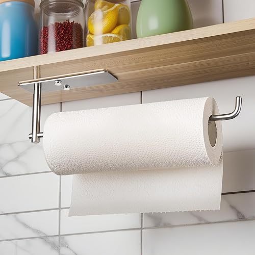 Miniatura 7 de YIGII Soporte de pared para toallas de papel negro, para debajo del gabinete, autoadhesivo, para cocina, acero inoxidable SUS-304