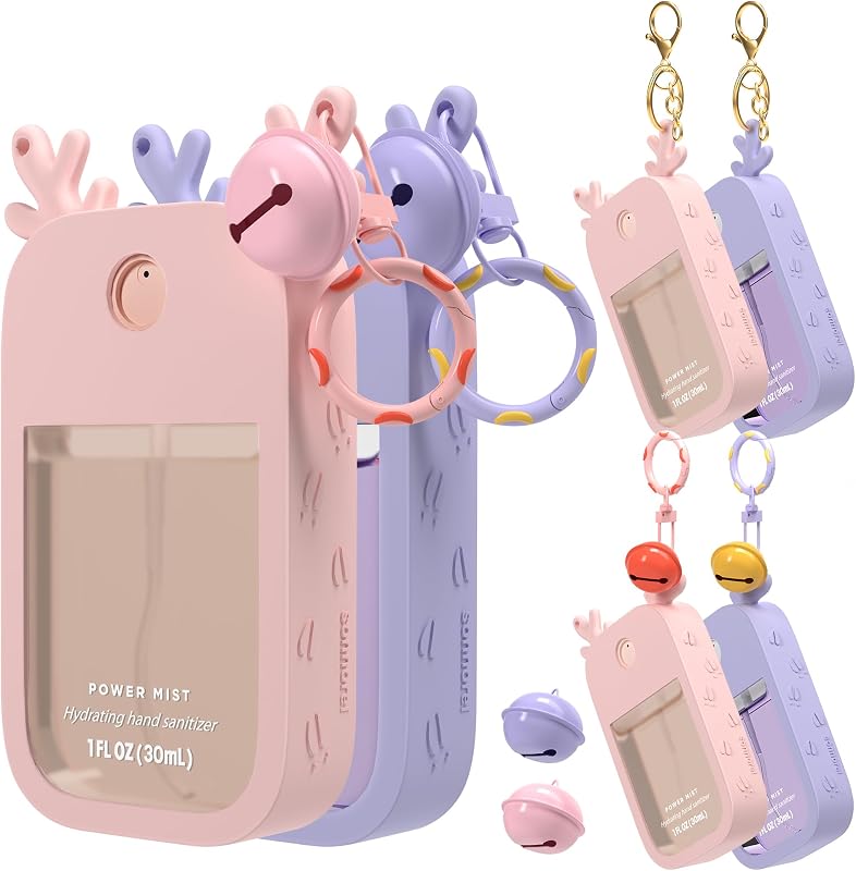 Sonnorel Pacote com 2 estojos de silicone em formato de chifres para frasco spray Touchland de 30 mL, com chaveiros e sinos, Rosa e Roxo