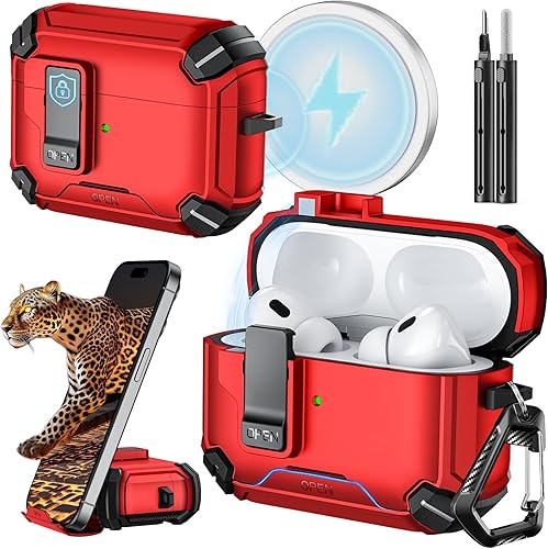 Inesore Funda compatible con AirPods Pro de 21 generación con soporte para teléfono y kit de limpieza, compatible con MagSafe, bloqueo automático
