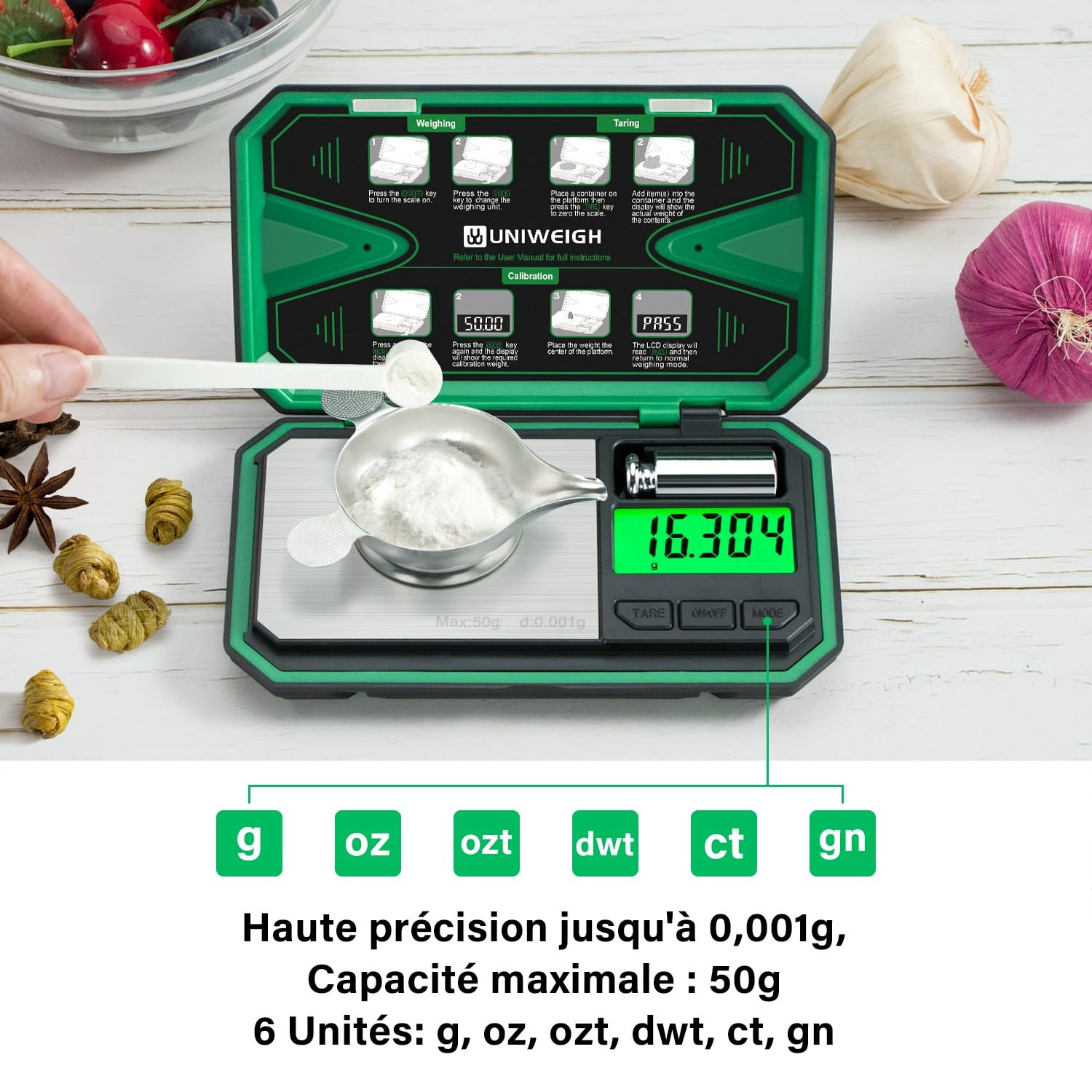 UNIWEIGH Balance de précision 0,001 g/50 g, balance numérique pour bijoux, poudre, pièces de monnaie, or, gemme, rechargement, micro-grammes avec 6 unités, tare, poids cal, balance mg de poche
