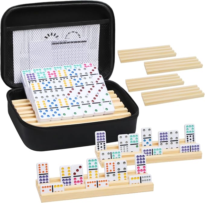 Mexican Train Dominoes Set with 8 Wooden Trays/Racks