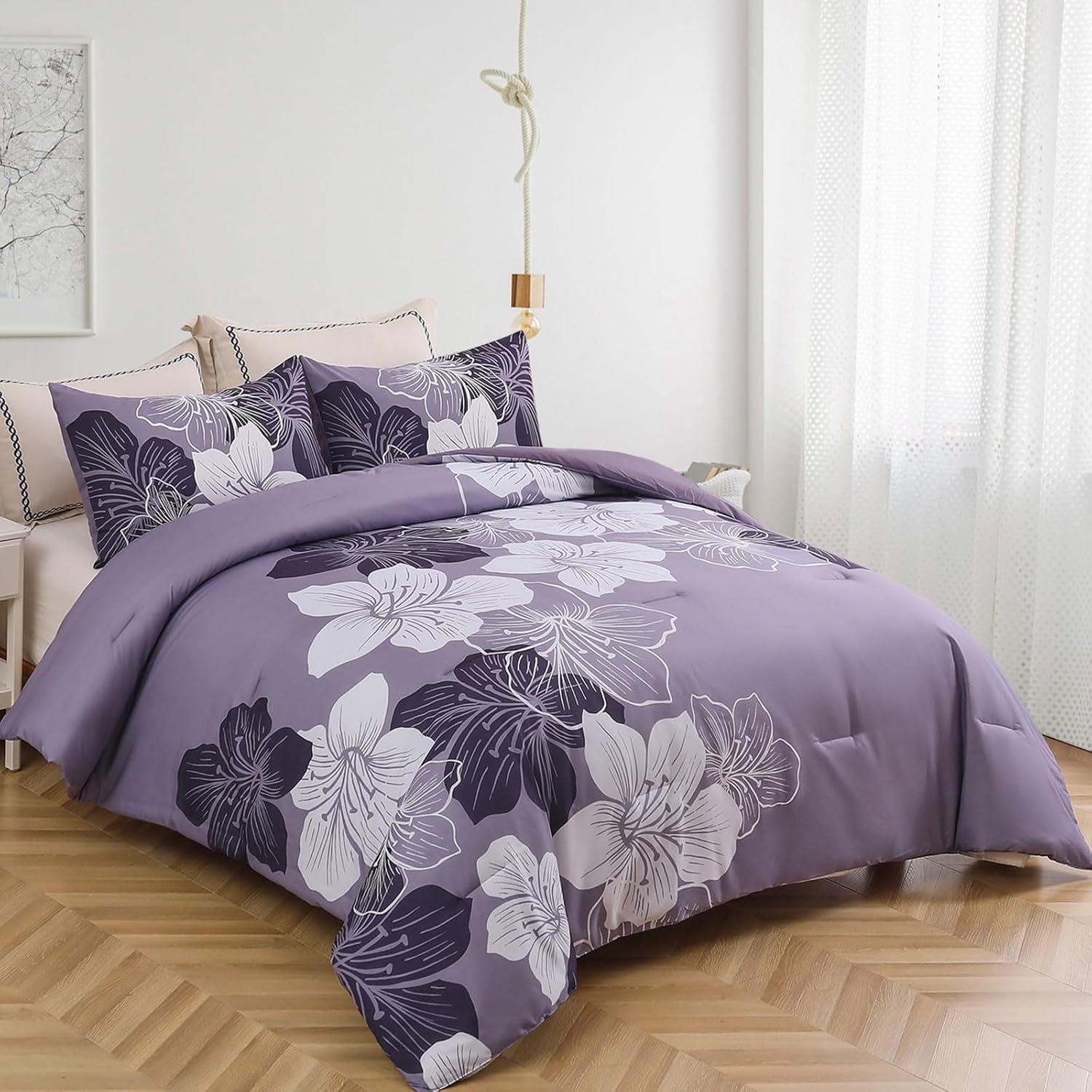 Menghomeus California King Comforter Set Dark Purple Floral Bedding Comforter Sets - Soft Microfiber Bed Set for All Season 3 Piece Botanical Flowers Comforter, Pillowcases