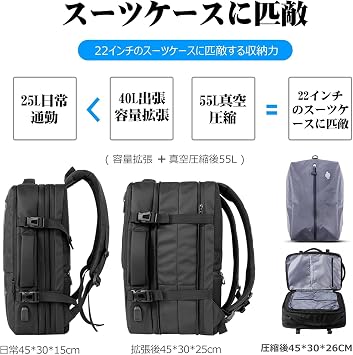 KINGSLONG Business Backpack, Backpack, Expandable 25-55L, with Vacuum Compression Bag, Vacuum Pump Included, Multi-layer Storage, Multi-pocket, Waterproof, Stylish, 4-way, Men's Backpack, for Commute