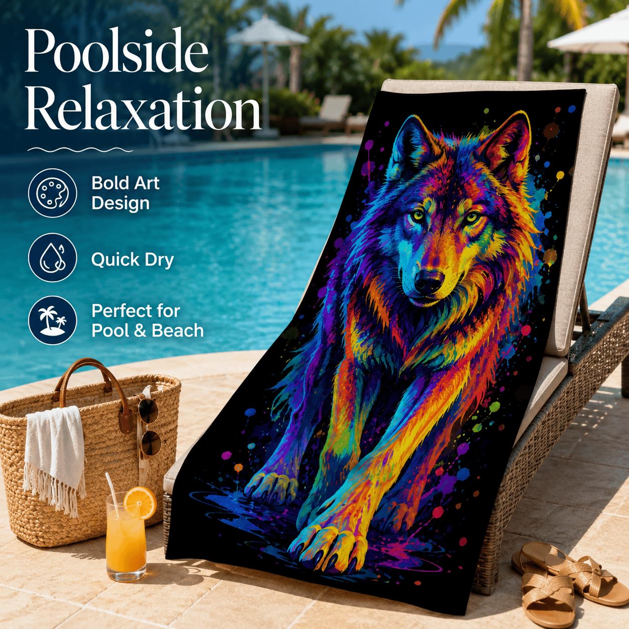 Telo Mare Microfibra Lupo Colorato Asciugatura Rapida | Asciugamano da Spiaggia Lupo Astratto, 145x200 cm, Assorbente, Accessori Mare, per Palestra Viaggio