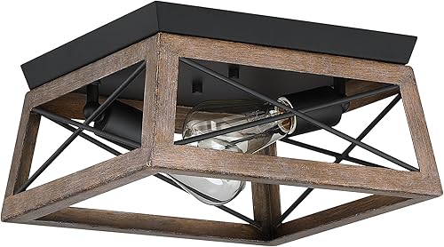 Miniatura 4 de 2-Light Black and Wood Flush Mount Ceiling Light with Bronze Wood Grain Farmhouse Ceiling Light for Closet Hallway Entryway Vintage Industrial Cage
