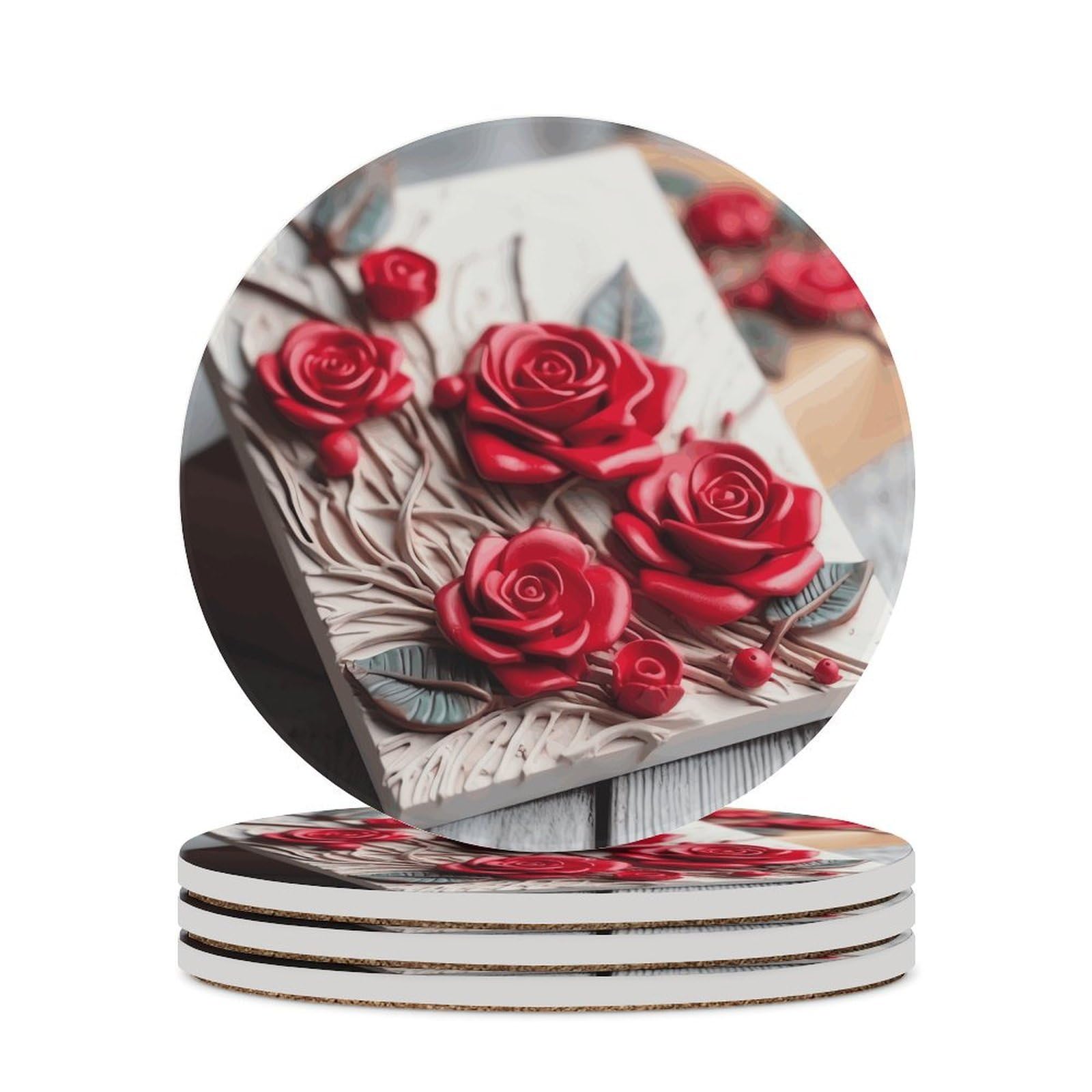 Khauerbc Style Roses On Wooden Board Drink Coasters With Holder For Coffee Table,Ceramic Coaster With Cork Base,Ceramic Stone Coaster For Iced Cold Or Hot Drinks,4.1 Inches