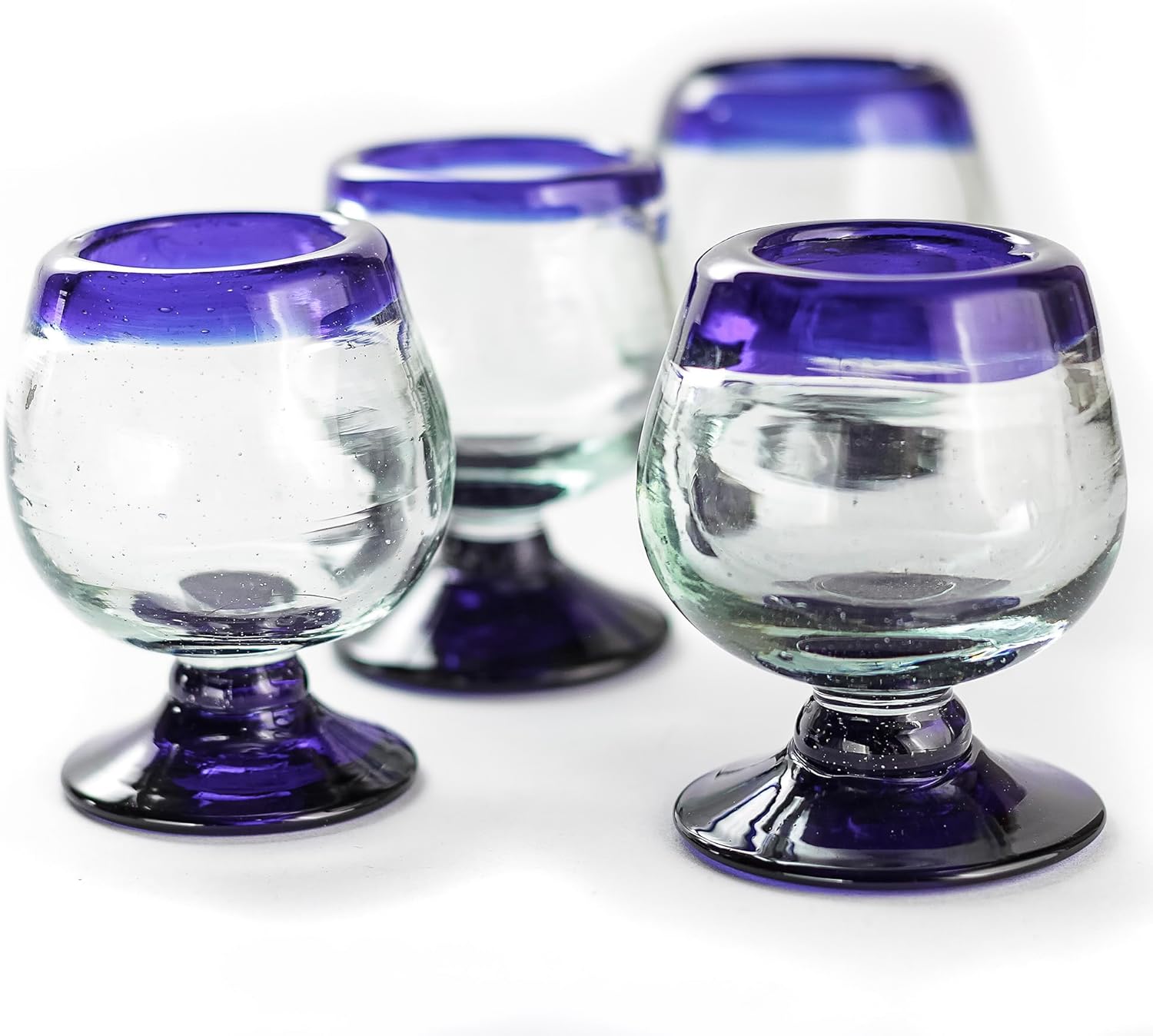 Authentic Mexican Tequila Hand Blown Shot Glasses - Set of 4-2 oz - Mini Glass Snifters - Heavy Base - Cognac (Cobalt Blue Rim)