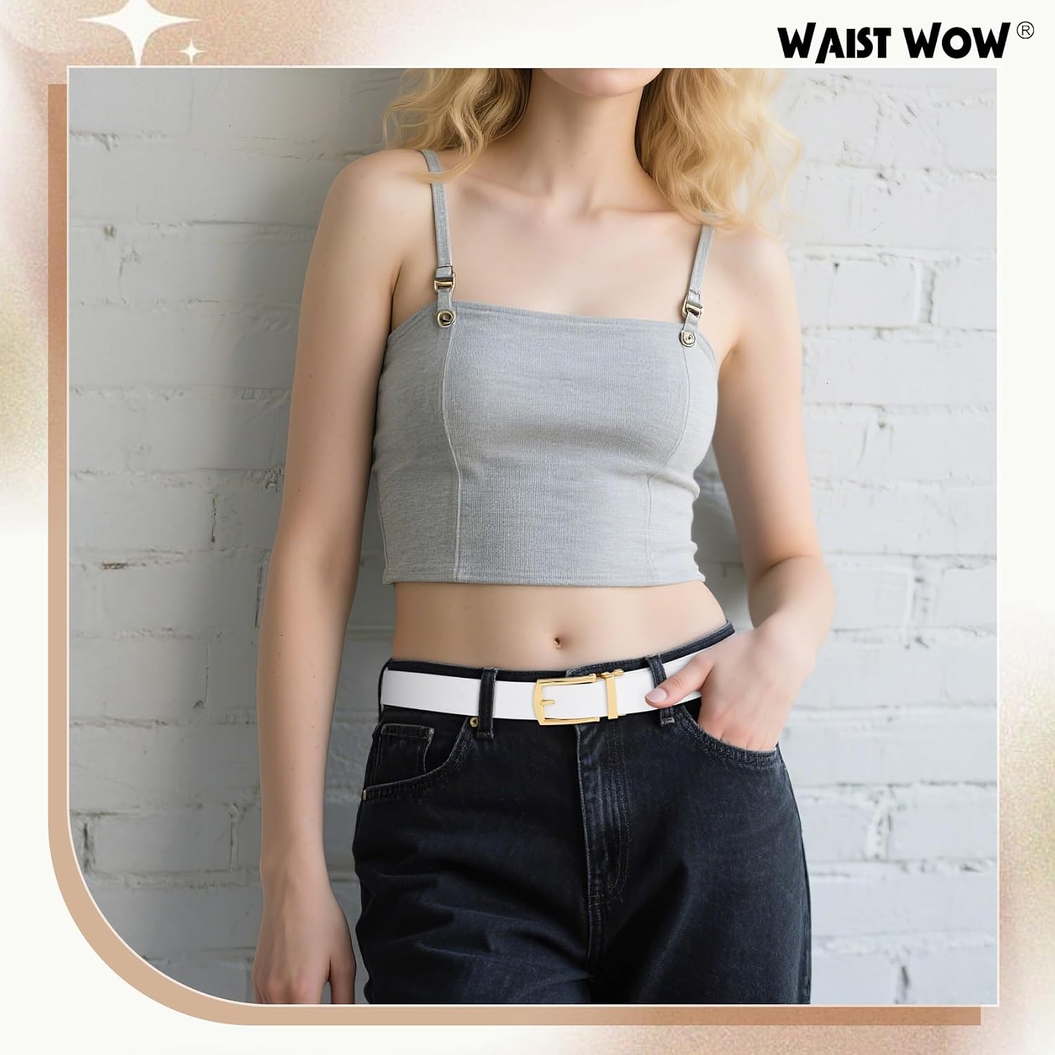 Women Leather Ratchet Belt for Jeans Pants with Automatic Gold Buckle Trendy Adjustable Ladies Dress Waist Belt Width 1.2" image 5