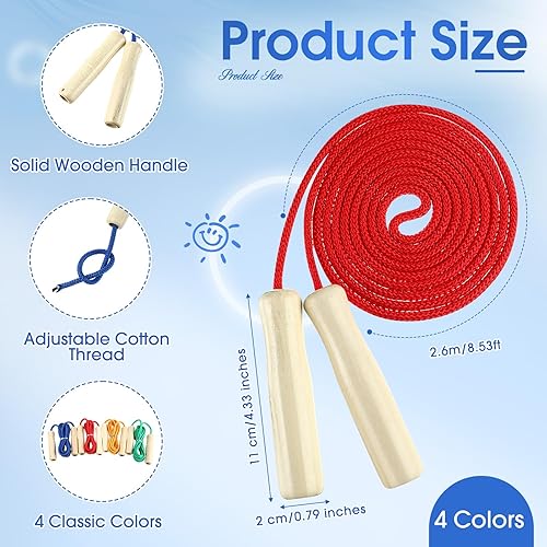 Miniatura 3 de Cuerdas de salto de 8.53 pies para niños y adultos, cuerda de saltar ajustable de algodón con mango de madera para multijugador, cuerda de saltar
