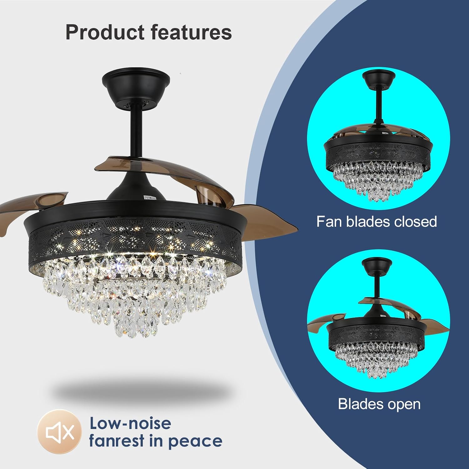 42" Black Crystal Fandelier Dimmable LED Ceiling Fan with Lights Retractable Blades 3 Color with Memory Quiet Reversible 6 Speeds Timer for Bedroom Living Room Dining Room