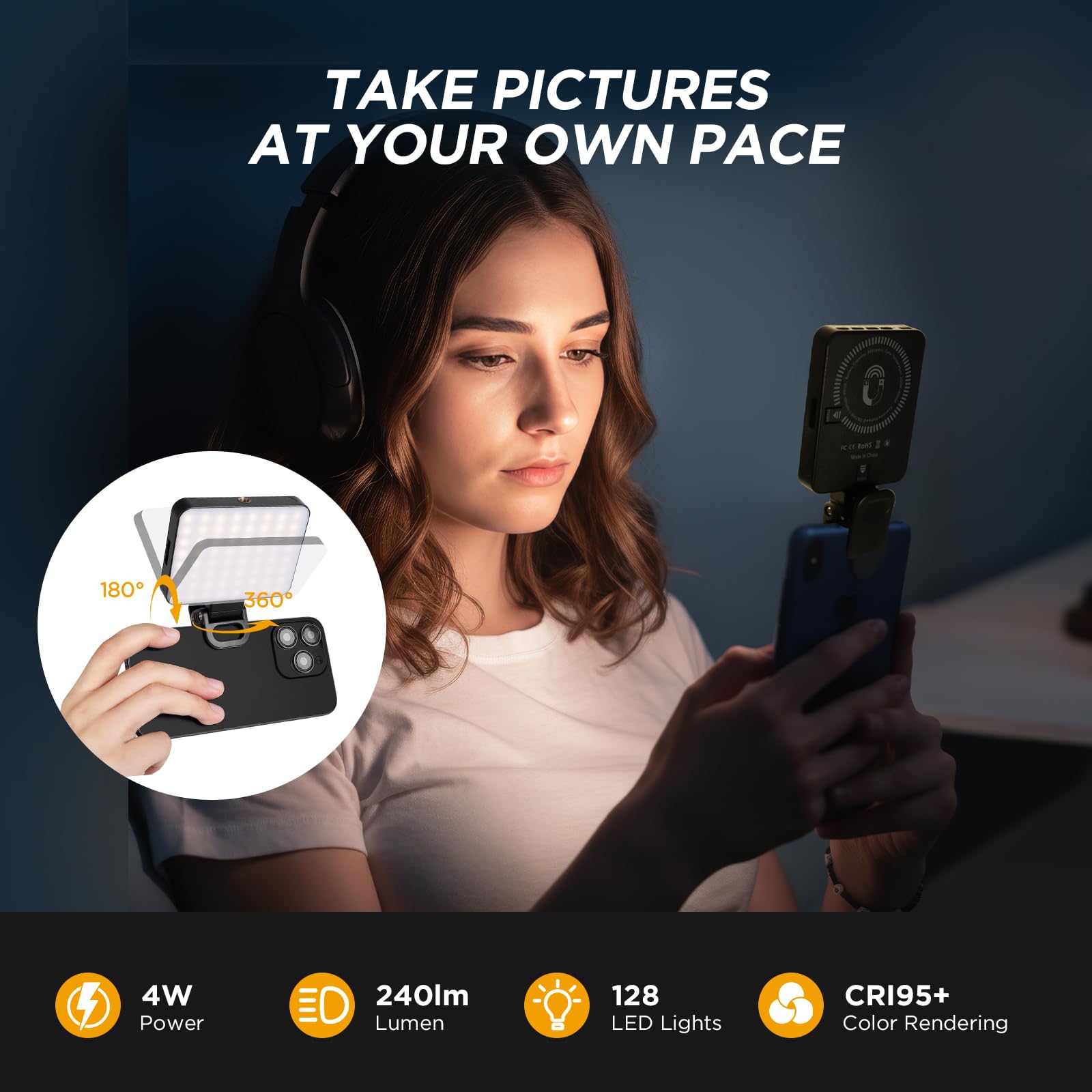 AiQInu Selfie Licht mit Klammer Telefonhalter, 128 LED Videolicht,3000K-6500K 3 Lichtmodi und Helligkeit 10-stufiges dimmbares CRI95, 2000mAh Akkus für Phone, iPad, Laptop,Camera