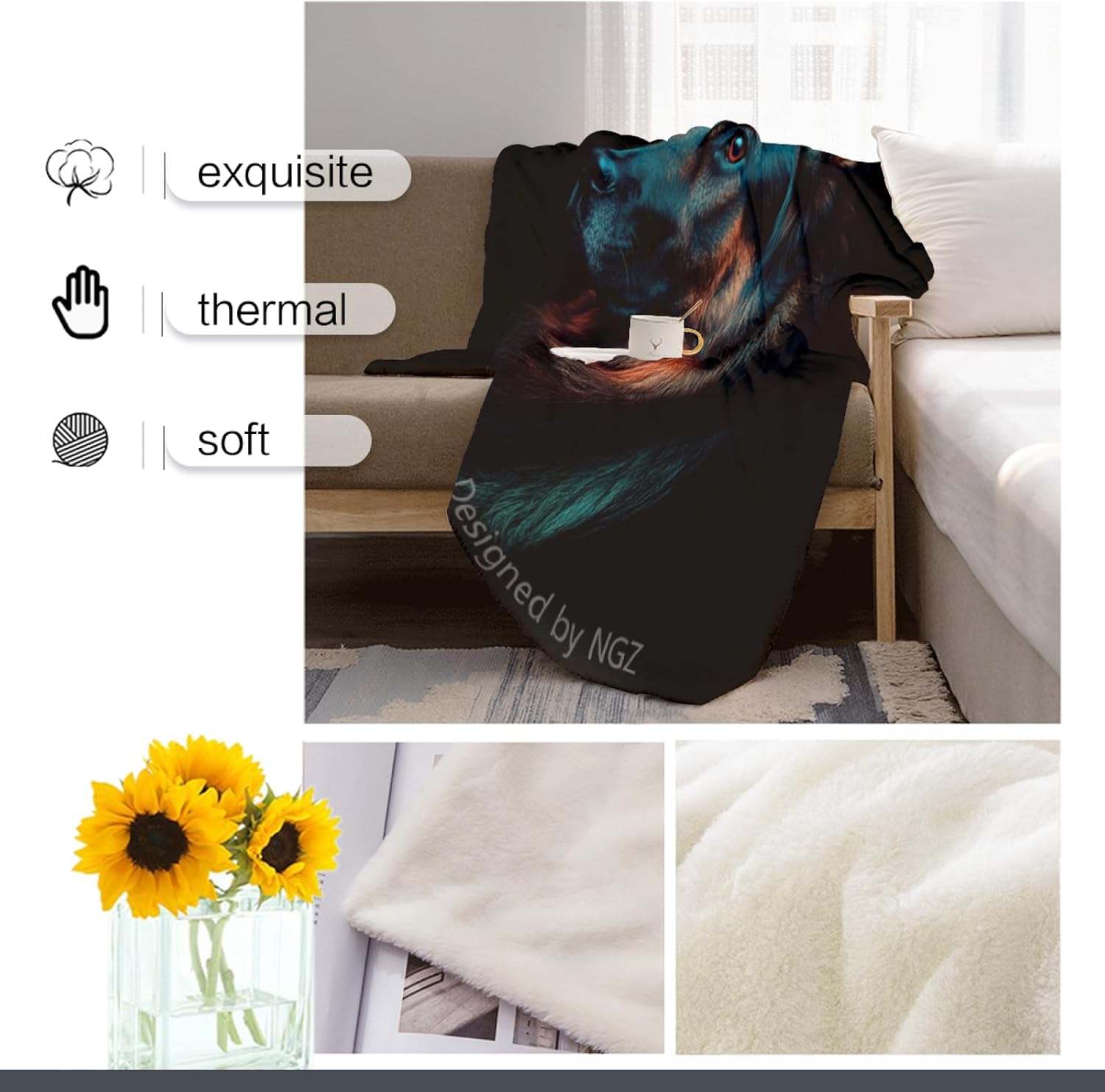 NGZ German Shepherd Black Throw Blanket, Fuzzy Fluffy Soft Cozy Flannel Fleece Blanket, for Couch Bed Sofa and Travel, for Boyfriend, Teens 50x60 Inch