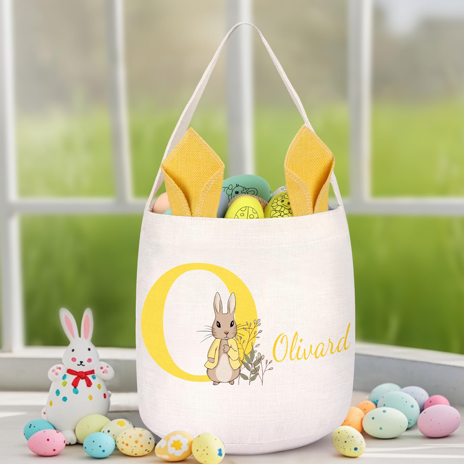 NGTSFLY Personalised Easter Egg Hunt Basket Customised Easter Baskets for Kids Girls Boys Custom Easter Gift Bags Large with Name Customisable Linen Easter Party Bags (Yellow)