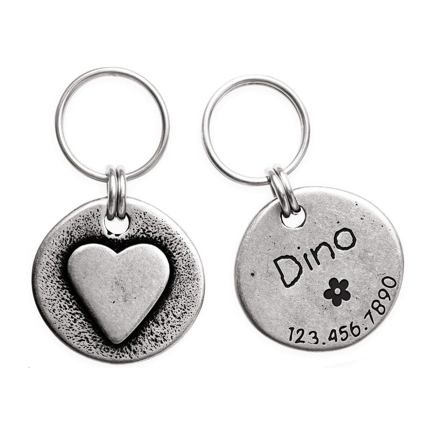 Artistic Handmade Hammered Collar Cat Dog ID Tags with Unique Handcrafted Design and Durable Stainless Steel, Personalized Deep Engraving with Your Own Text (Heart)