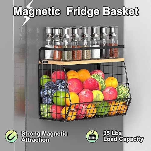 Miniatura 8 de Paquete de 2 organizadores magnéticos de almacenamiento de especias para refrigerador, estante magnético para refrigerador con tapa de madera,