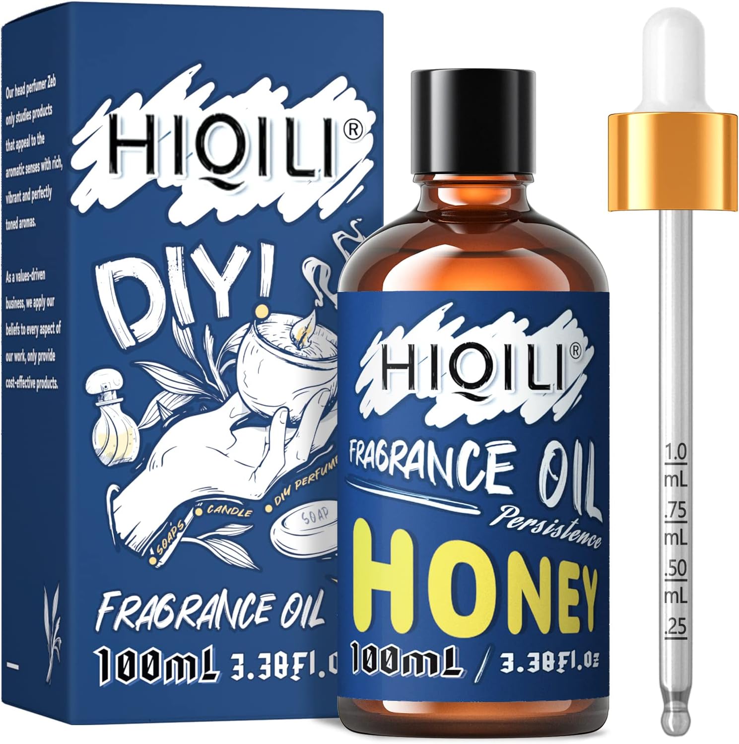 HIQILI Honey ​Essential Oil 100ml - Long Lasting Perfume for Aromatherapy, Sweet Scent Fragrance Oil for Home Diffuser, Laundry Kitchen Bedroom, DIY Candle Soap Perfume Lotion Making 3.38 Fl Oz