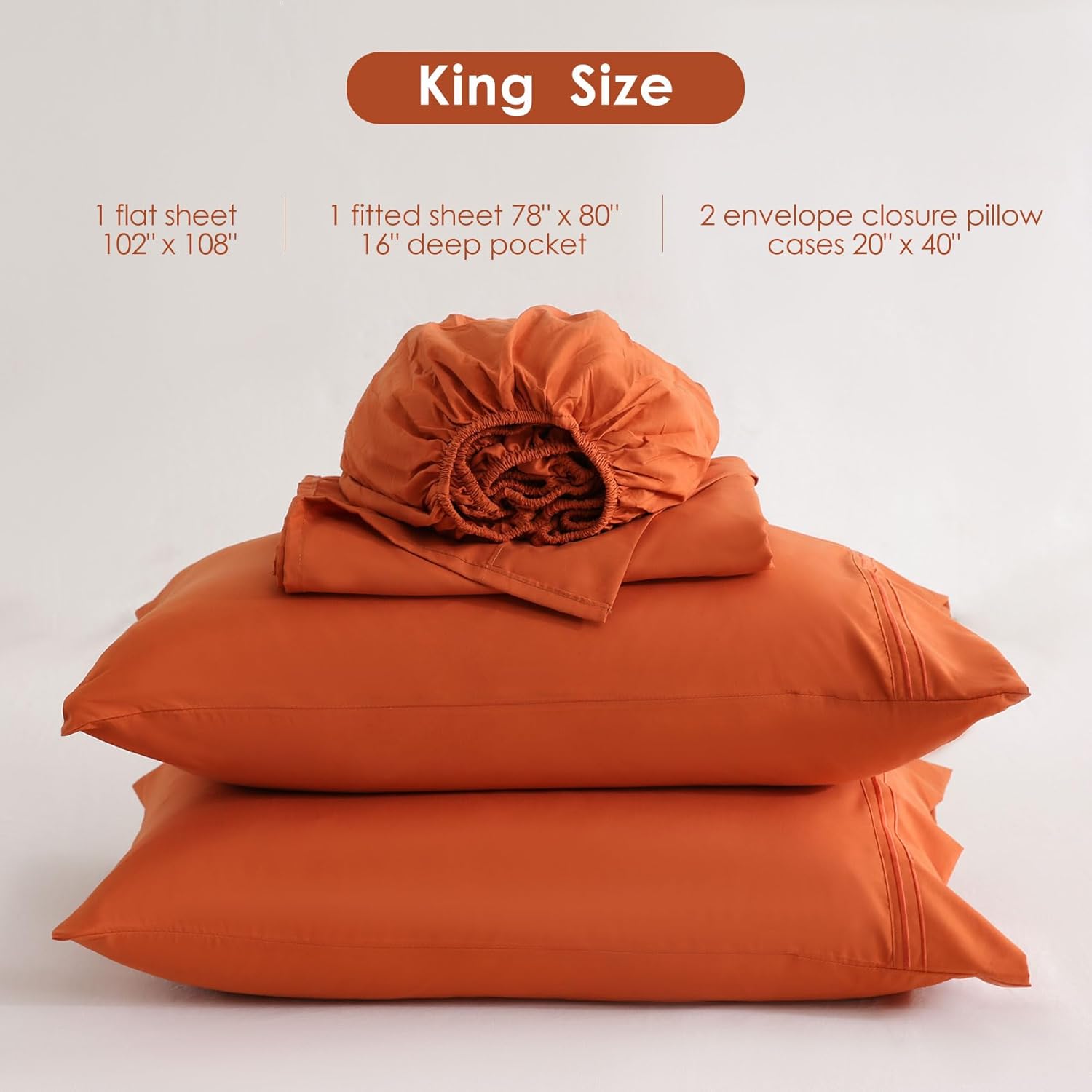 JSD Burnt Orange King Sheet Set with Side Pocket Corner Straps, 4 Piece Soft Microfiber Bed Sheets Extra Deep Pocket