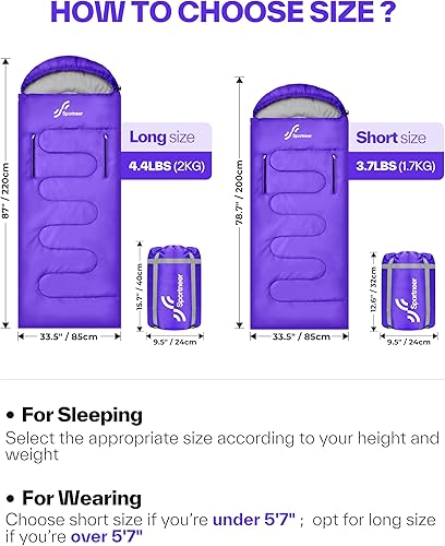 Miniatura 6 de Sportneer Saco de dormir portátil de 0 grados para adultos y niños - Caminable con cremalleras en los brazos, impermeable y cálido, compacto para