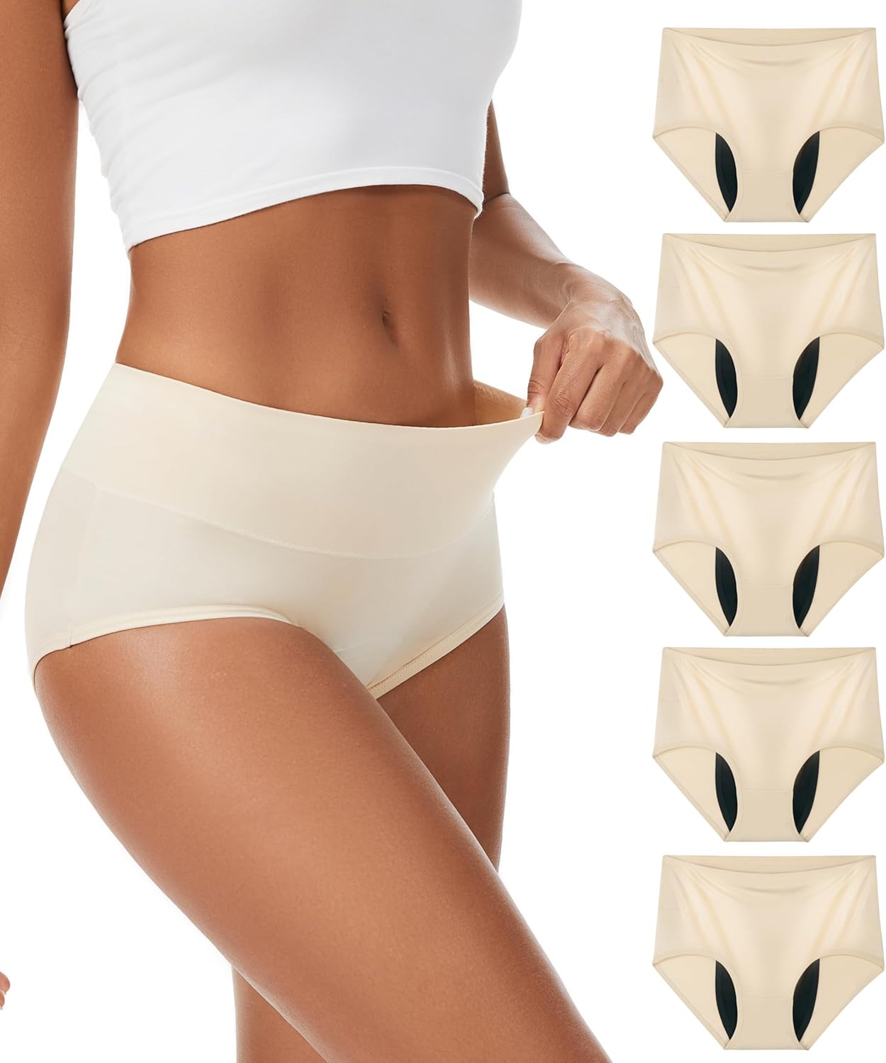 Incontinence Underwear For Women, Reusable Washable Leak-proof Lightweight Briefs for Postpartum, Bladder Leak, 5 Pack (Beige, Large)