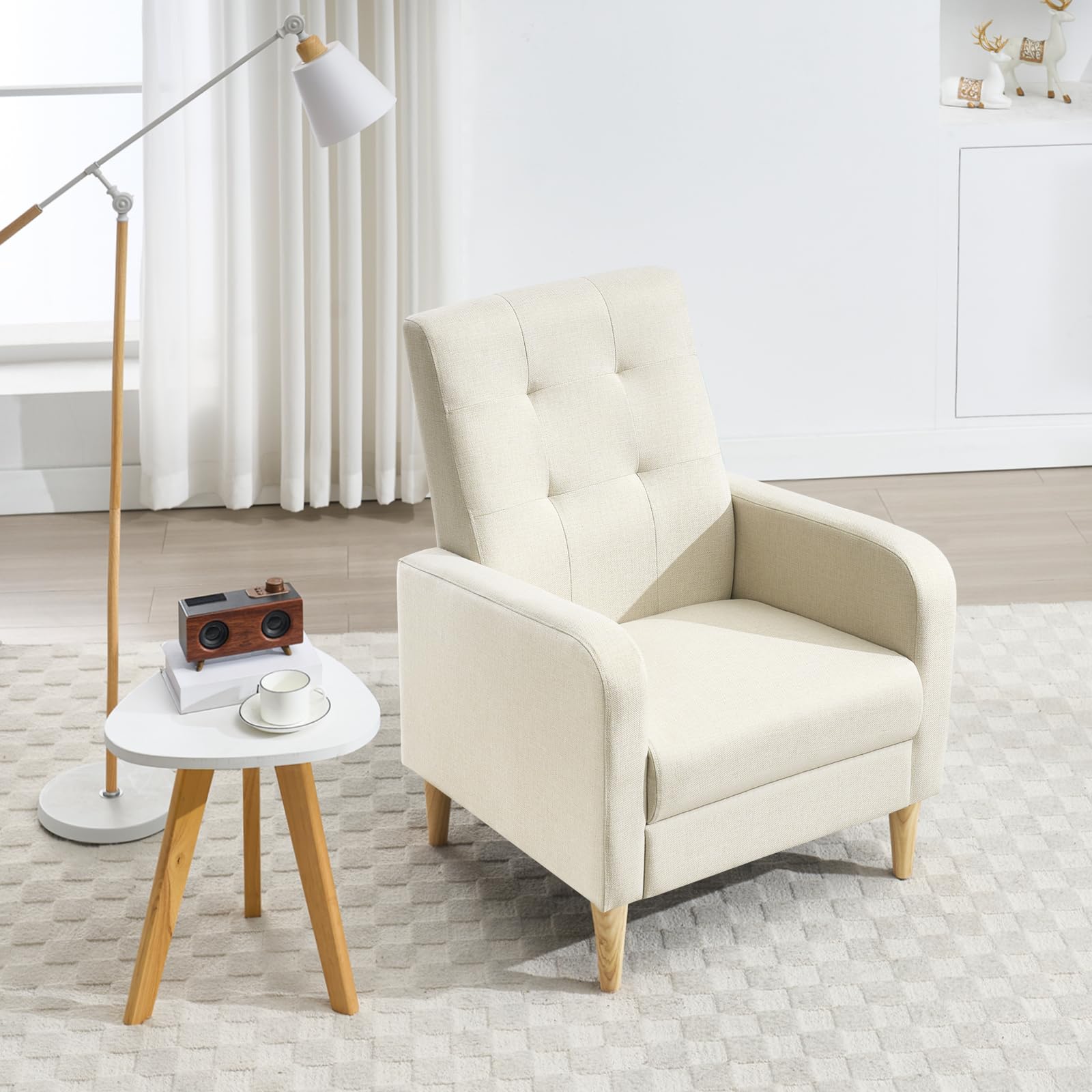 WOLTU Poltrona da Salotto, Poltrona Relax con Schienale Alto, Sedia di Relax con Pieno Legno Massello Piedi, Seduta Imbottita, Rivestimento in Lino, per Salotto, Ufficio, Beige, SKS41be