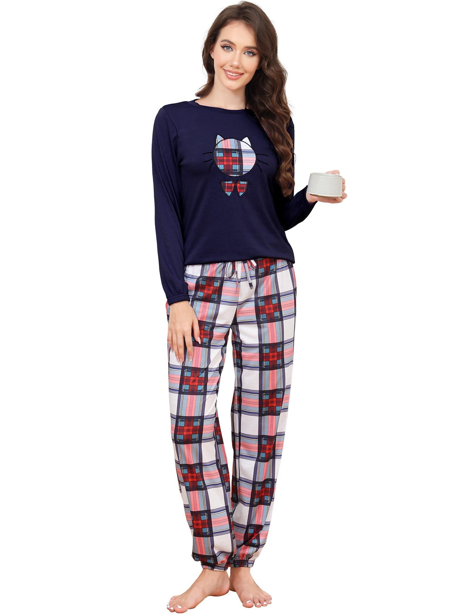 Les-Theresa Pigiama da Donna, Pigiama Lungo, da Donna, Comodo e alla Moda, con Motivo a Gatto, con Stampa a Maniche Lunghe, Pigiameria e Pantaloni Lunghi Femminili