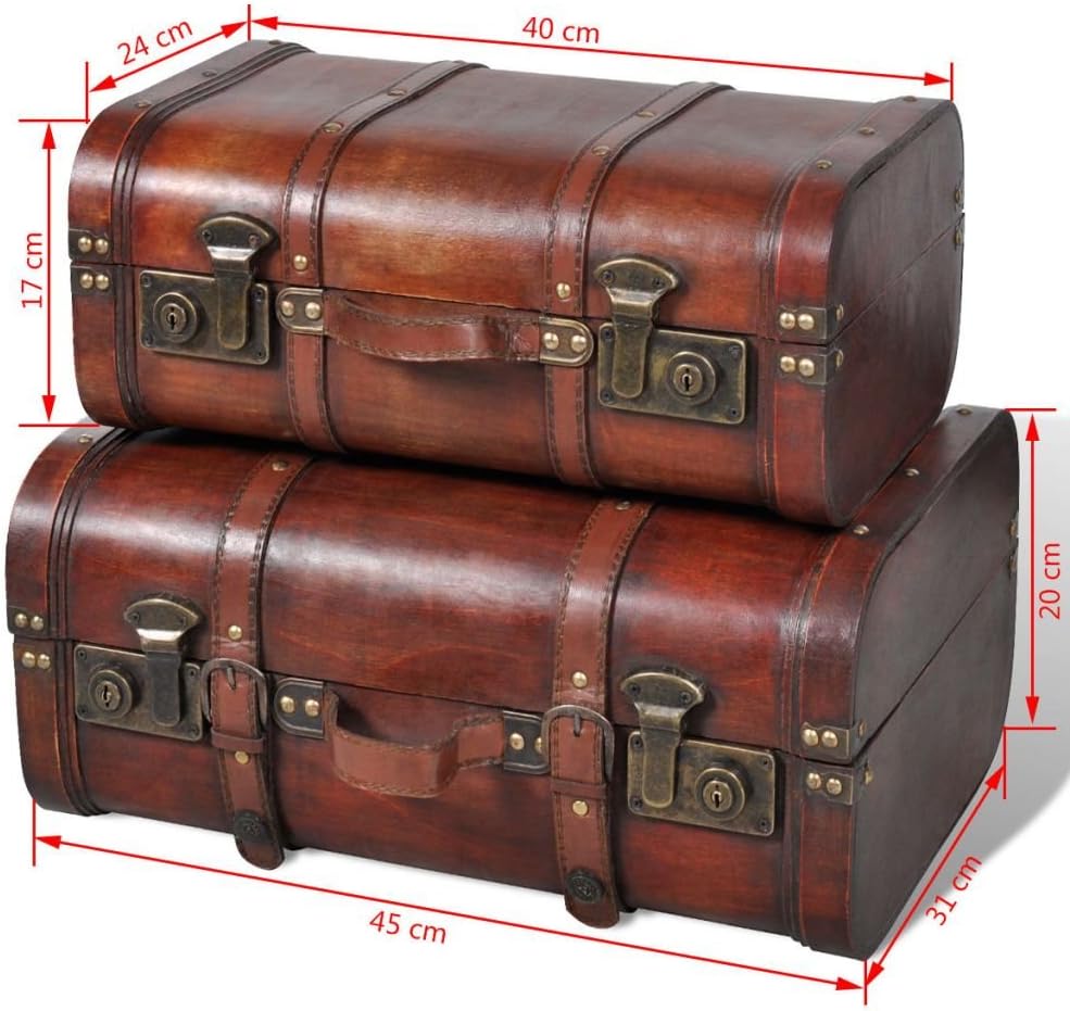 vidaXL 2pc Wooden Treasure Storage Thunk Travel Suitcase Steamer Chest Vintage Style : Home & Kitchen